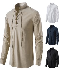 Men's Cotton Linen Henley Stand Collar Casual Shirt