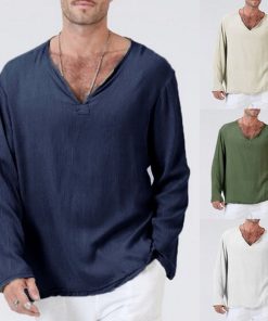 Men's Long Sleeve V-Neck Breathable Casual Cotton Linen Shirts